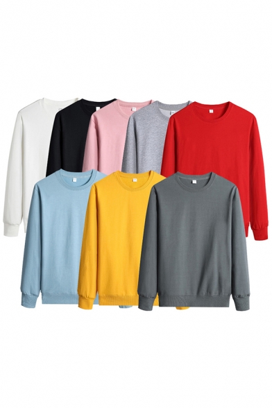 Men Casual Pull-over Hoodie Plain Round Neck Long-sleeved Regular Fitted Hoodie