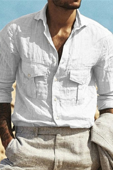 Men Casual Shirt Solid Color Point Collar Flap Pocket Button up Long Sleeve Regular Fit Shirt