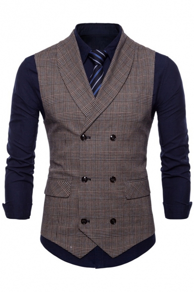 Men Chic Suit Vest Plaid Lapel Collar Flap Pocket Double Breasted Skinny Fitted Suit Vest