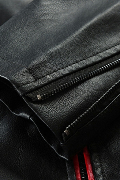 Men Cool Leather Jacket Color Block PU Stand Collar Zip Fly Pocket Detailed Regular Fit Leather Jacket