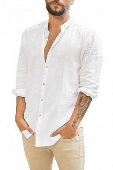 Men Leisure Shirt Solid Color Button Closure Long Sleeve Collarless Regular Fit Shirt Top