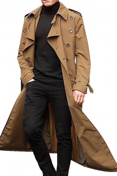 Men Modern Long Trench Coat Plain Long-Sleeved Single Breasted Lapel Loose Trench Coat