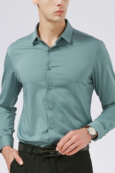 Men Modern Shirt Plain Spread Collar Button-down Long Sleeve Regular Fitted Shirt