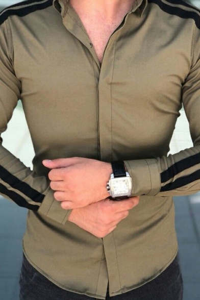Men Modern Shirt Stripe Pattern Long Sleeve Spread Collar Button Closure Fitted Shirt Top