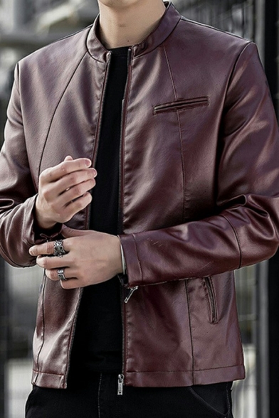 Men Retro Leather Jacket Solid Color PU Stand Collar Zip Fly Front Pocket Slim Fitted Leather Jacket