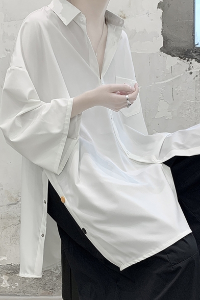Men's Elegant Shirt Plain Button Detail Turn Down Collar 3/4 Sleeve Side Slit Loose Fit Shirt