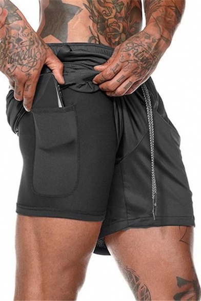Men's Sports Shorts Plain Drawstring Waist Double-Layer Mid Rise Slim Fitted Shorts