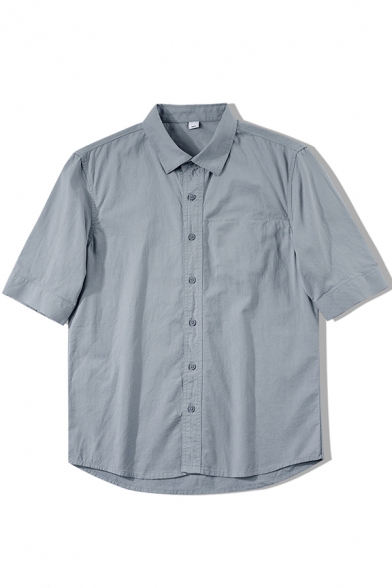 Men Simple Shirt Plain Button up Turn-down Collar Short-sleeved Slim Fitted Shirt