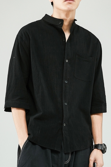 Men Urban Shirt Plain Button-down Stand Collar Chest Pocket 3/4 Sleeves Slim Fitted Shirt