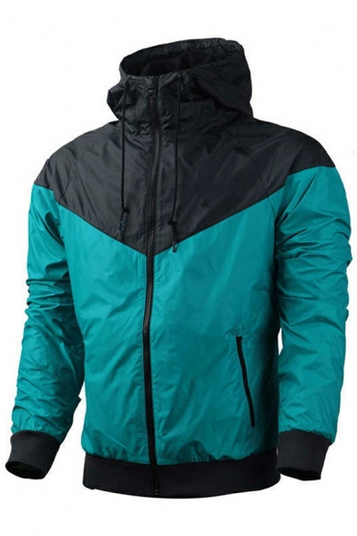 Mens Casual Jacket Color Block Zip Fly Front Pocket Hooded Loose Fit Jacket