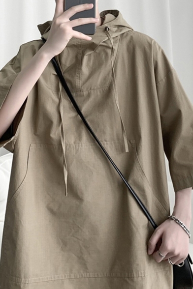 Mens Simple Hoodie Solid Color Front Pocket Drawstring 3/4 Sleeves Relaxed Hoodie Top