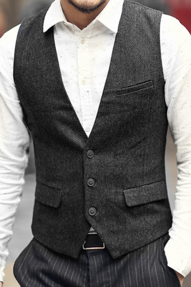 Modern Suit Vest Solid Color Flap Pocket V-Neck Single Breasted Slim Suit Vest for Men