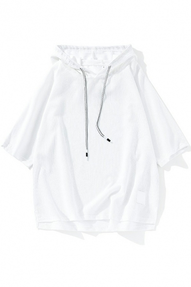 Popular Hoodie Solid Color Short Sleeve Drawstring Detail Relaxed Hoodie for Men