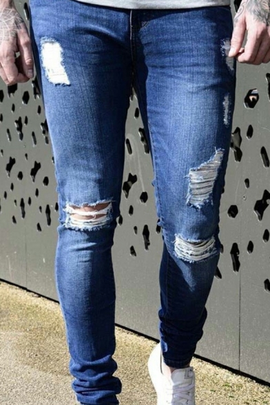 Popular Jeans Ripped Bleach Mid Rise Zipper Fly Full Length Skinny Jeans for Men