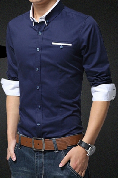 Popular Mens Shirt Solid Color Chest Pocket Button Down Collar Roll-up Sleeve Slim Fitted Shirt Top