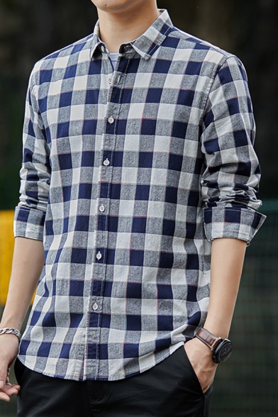 Simple Men's Shirt Plaid Printed Button-up Long Sleeve Turn Down Collar Regular Fit Shirt Top