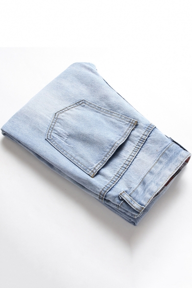 Simple Men's Solid Color Jeans Mid Rise Broken Hole Bleach Zip Closure Straight Jeans