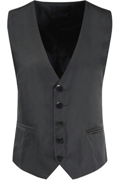 Simple Plain Vest Single Breasted V-Neck Sleeveless Buckle Back Slim Fit Vest for Men