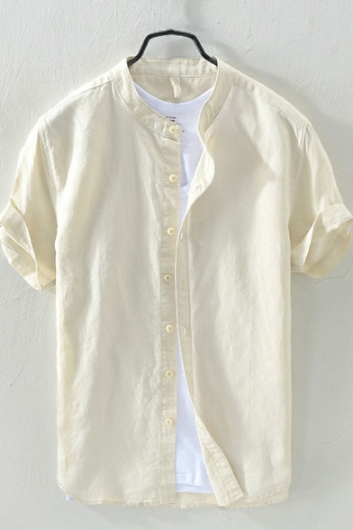 Simple Shirt Plain Short Sleeves Collarless Button-down Regular Fit Shirt for Men
