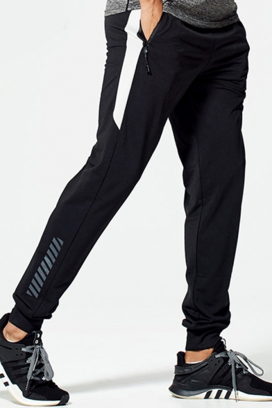 Sporty Pants Contrast Stripe Patterned Elastic Waist Mid-Rise Rib Knit Cuffs Full Length Regular Pants for Men