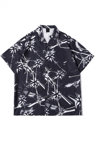 Street Look Mens Shirt All over Meteor Hammer Printed Short Sleeve Turn-down Collar Loose Button Shirt