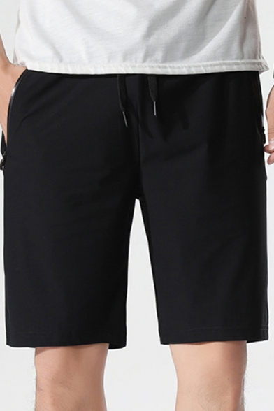 Street Look Mens Shorts Solid Color Drawstring Waist Zip-up Pocket Regular Fit Knee-Length Shorts
