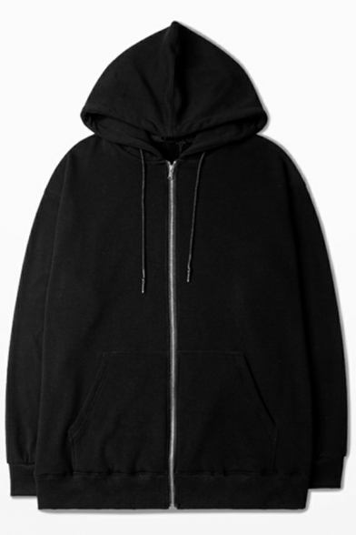 Stylish Guys Hoodie Plain Long-Sleeved Front Pocket Drawstring Zipper Closure Relaxed Hoodie