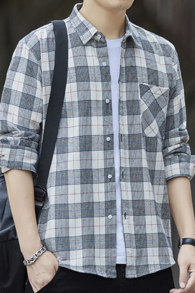 Stylish Shirt Plaid Pattern Long-Sleeved Point Collar Button Closure Loose Fit Shirt Top for Men