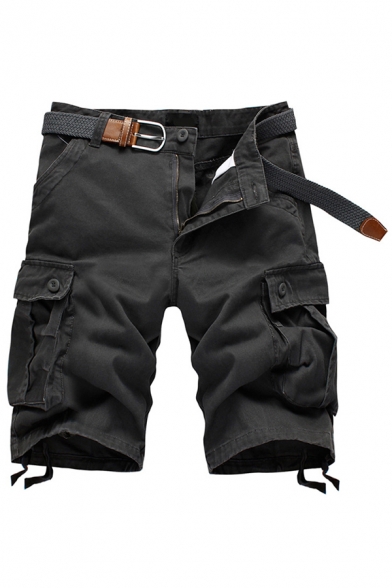 Trendy Cargo Shorts Solid Color Flap Pockets Mid Rise Knee-Length Regular Fit Shorts for Men