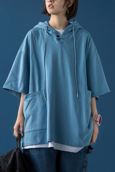 Trendy Hoodie Plain Drawstring Pocket Detail 3/4 Sleeve Loose Hoodie for Men