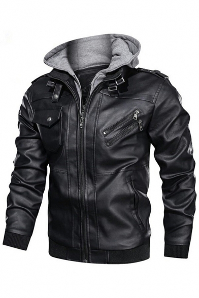 Vintage Leather Coat Solid Color Hooded PU Zip Fly Pocket Detailed Fitted Leather Coat for Men