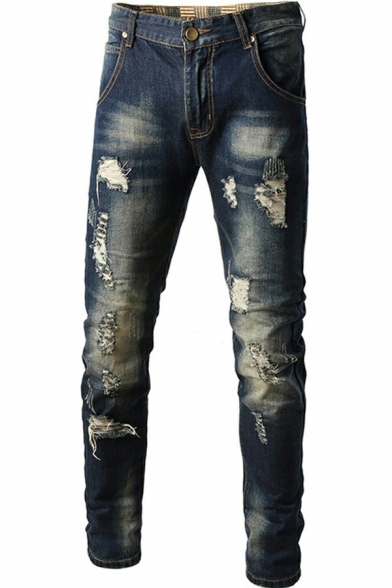 Vintage Men's Jeans Zipper Fly Destroyed Mid Rise Pockets Styling Slim-Cut Jeans