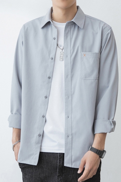 Basic Men's Shirt Solid Color Front Pocket Long-Sleeved Point Collar Button Relaxed Fitted Shirt Top