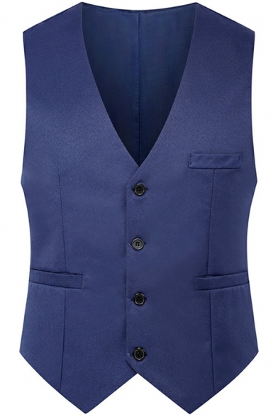 Basic Suit Vest Solid Color Button Closure V Neck Pockets Detail Sleeveless Slim Fitted Vest for Men