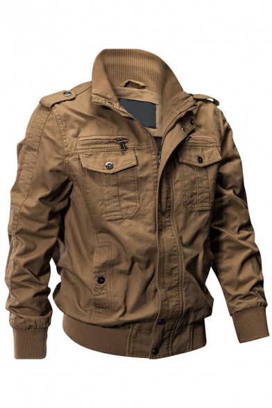 Casual Mens Jacket Pure Color Stand Collar Flap Pocket Zipper Closure Long Sleeve Slim Fit Jacket