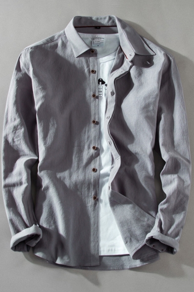 Casual Mens Shirt Solid Color Button Up Long Sleeve Fitted Lapel Shirt