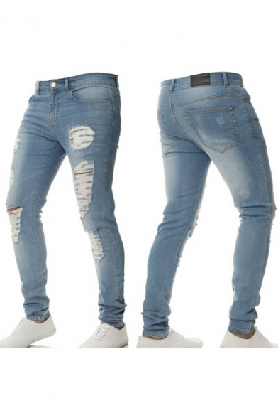 Classic Mens Jeans Dark Wash Ripped Zipper Fly Full Length Mid Waist Slim Fit Jeans