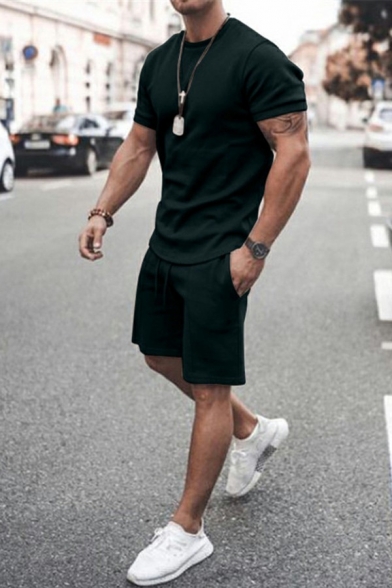 Comfy Mens Set Pure Color Crew Collar Short Sleeve T-Shirt & Straight Shorts Relaxed Co-ords