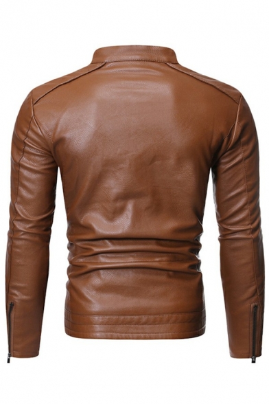 Cool Men's Leather Jacket Plain Chest Pocket Stand Collar Long Sleeves Slim Zip-up Jacket