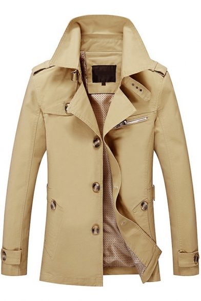Elegant Mens Trench Coat Solid Color Long Sleeve Lapel Collar Single Breasted Regular Trench Coat