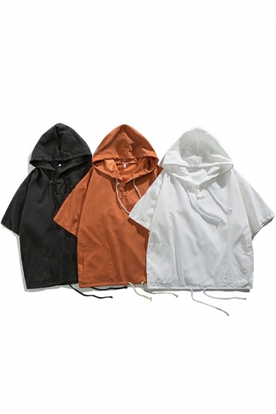 Guys Street Style Hoodie Pure Color Drawstring Short Sleeve Relaxed Fit Hoodie