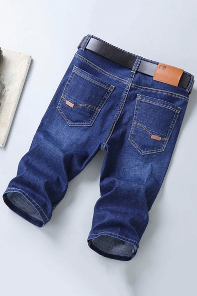 Leisure Men's Short Jeans Solid Color Bleach Pocket Detail Straight Short Jeans