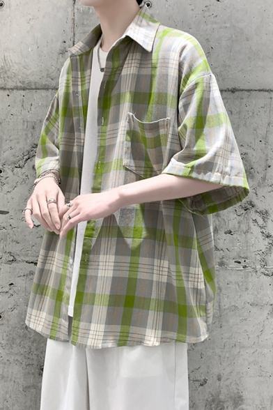 Leisure Mens Shirt Plaid Printed Half Sleeve Turn-down Collar Button Up Loose Fit Shirt Top