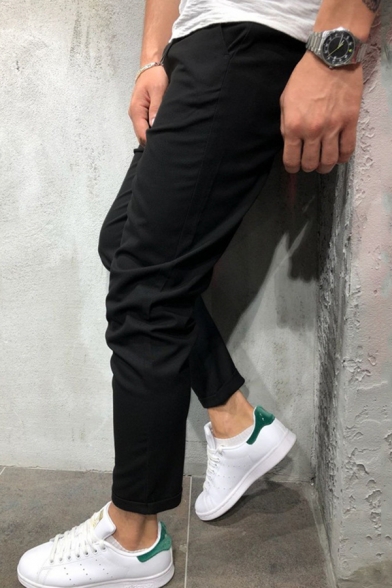 Leisure Pants Plain Pocket Detail Drop-Crotch Zipper Slim Fit Pants for Men