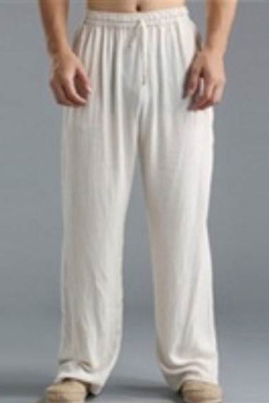 Leisure Pants Solid Color Drawstring Waist Long Length Wide-leg Pants for Men