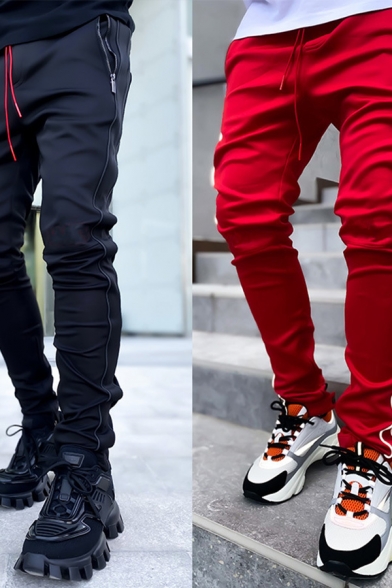 Men Casual Lounge Pants Contrast Side Stitching Drawstring Mid-Rise Long Fitted Pants