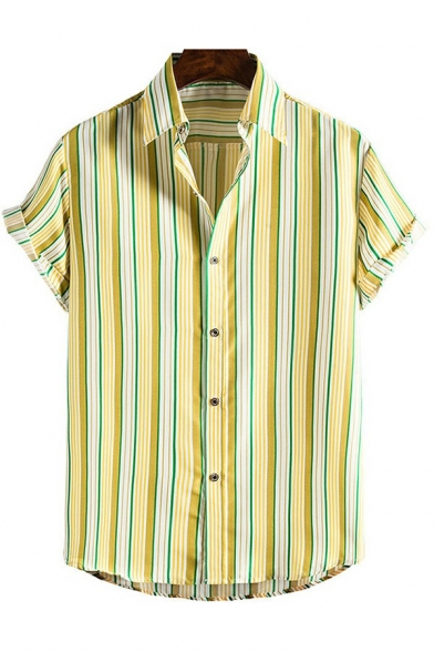 Men Casual Shirt Striped Patterned Turn-down Collar Button Closure Short Sleeve Regular Fit Shirt