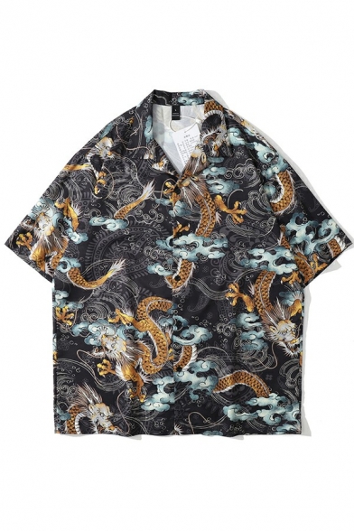 Men Fancy Shirt Dragon All Over Print Short Sleeve Spread Collar Button Closure Relaxed Fit Shirt in Black