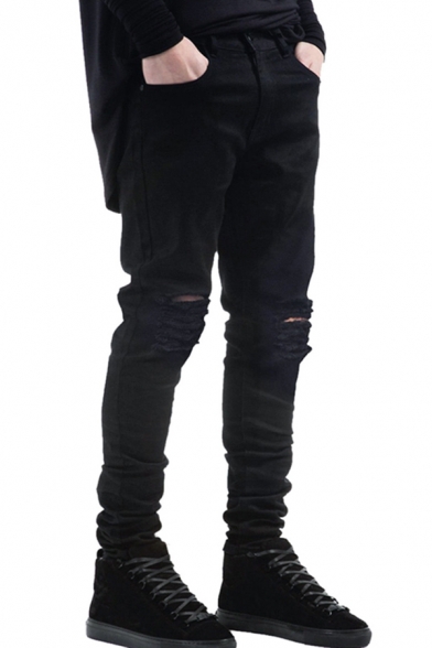 Men Fashionable Jeans Plain Distressed Zip-Fly Stretch Denim Two-Pocket Styling Slim Jeans