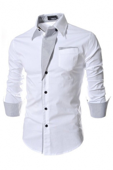 Men Fashionable Shirt Patchwork Turn-down Collar Long Sleeves Slim Fitted Button Up Shirt